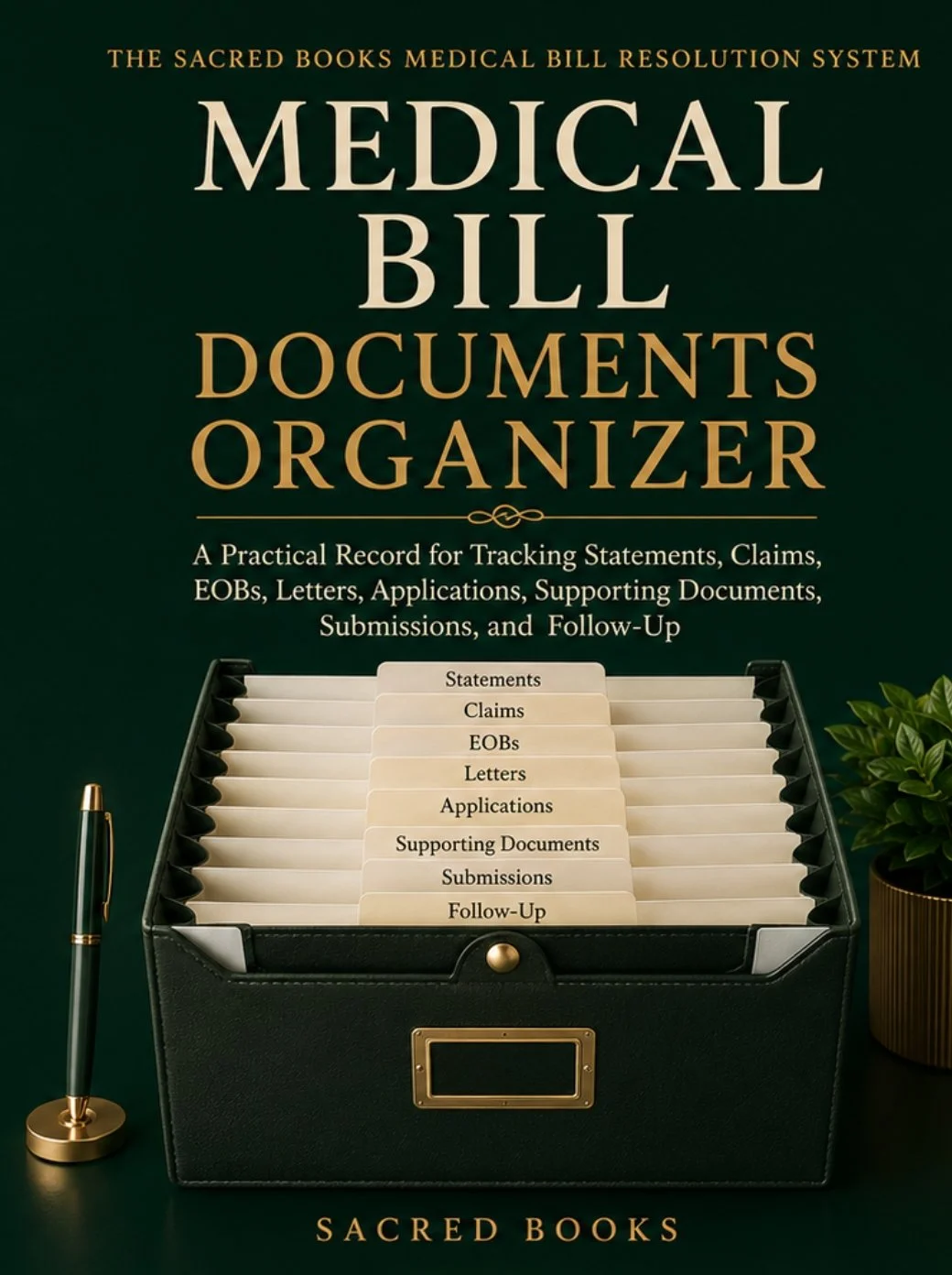 Medical Bill Documents Organizer by Sacred Books for keeping medical bills, EOBs, claims, letters, applications, submissions, and supporting records together.