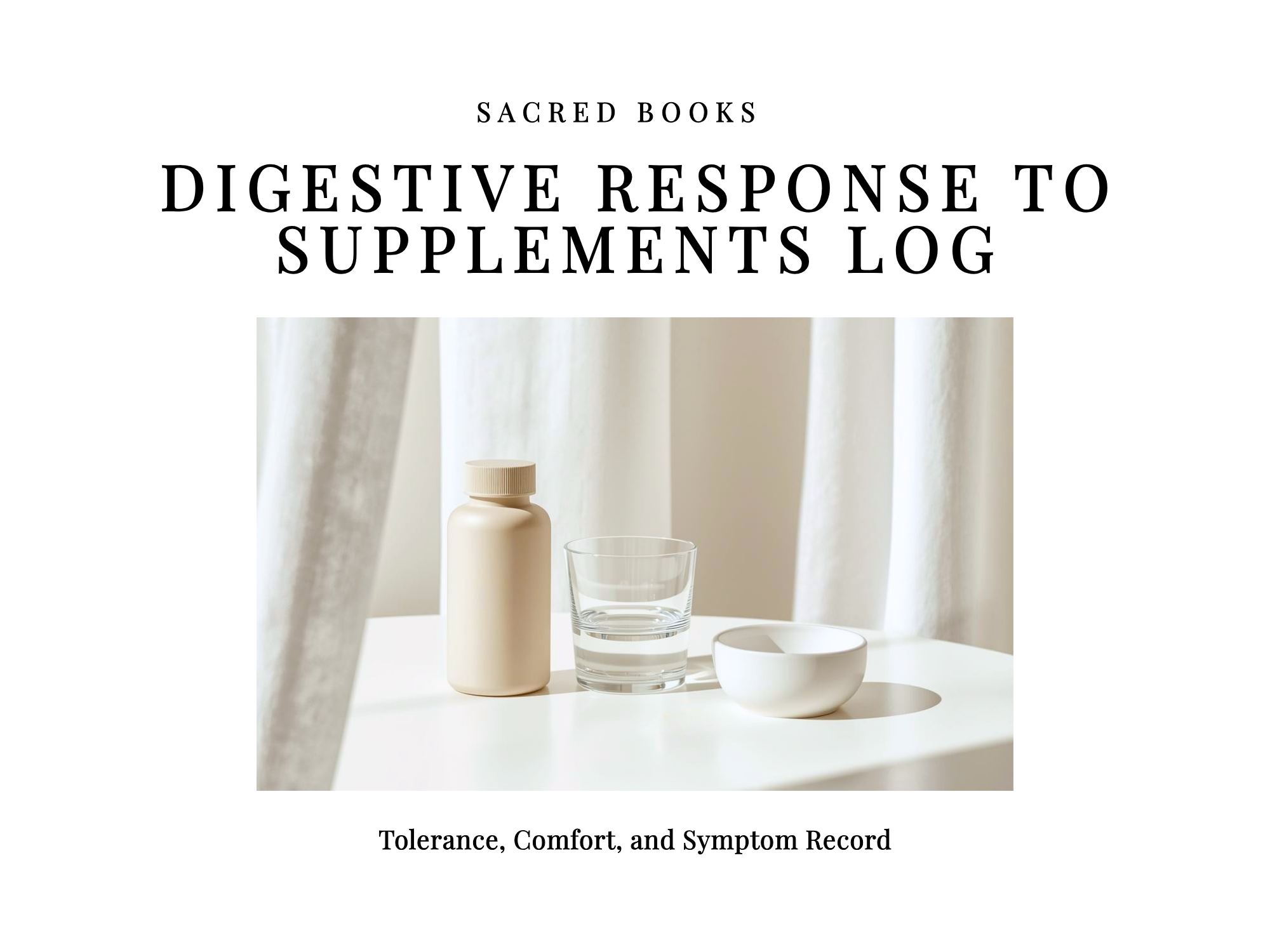 Digestive Response to Supplements Log book cover with supplement bottle and glass in soft natural light