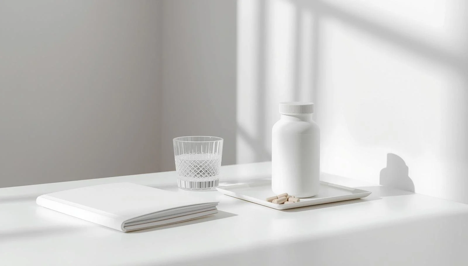 Minimal white desk with a blank journal, crystal glass of water, and a white supplement bottle on a small tray in soft window light.