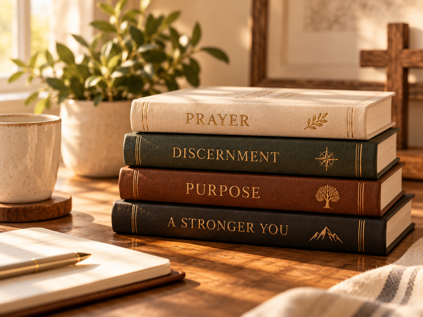 a stack of books on prayer, discernment, purpose and a stronger you as tools for enriched bible study