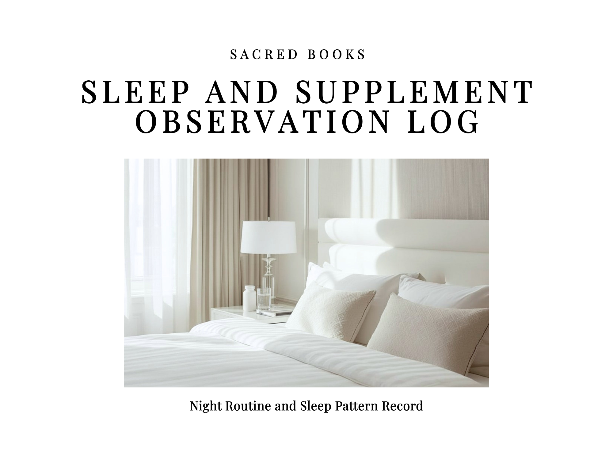 Sleep and Supplement Observation Log book cover with neutral bedroom scene and minimal editorial design