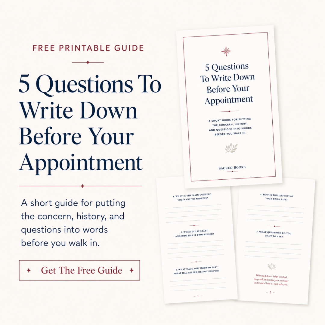 Free printable Sacred Books guide titled 5 Questions To Write Down Before Your Appointment with a cream background, navy text, and workbook mockup.