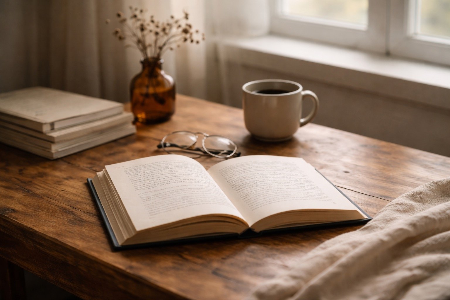 Open book on a wooden table with reading glasses, representing texts and sources under study.