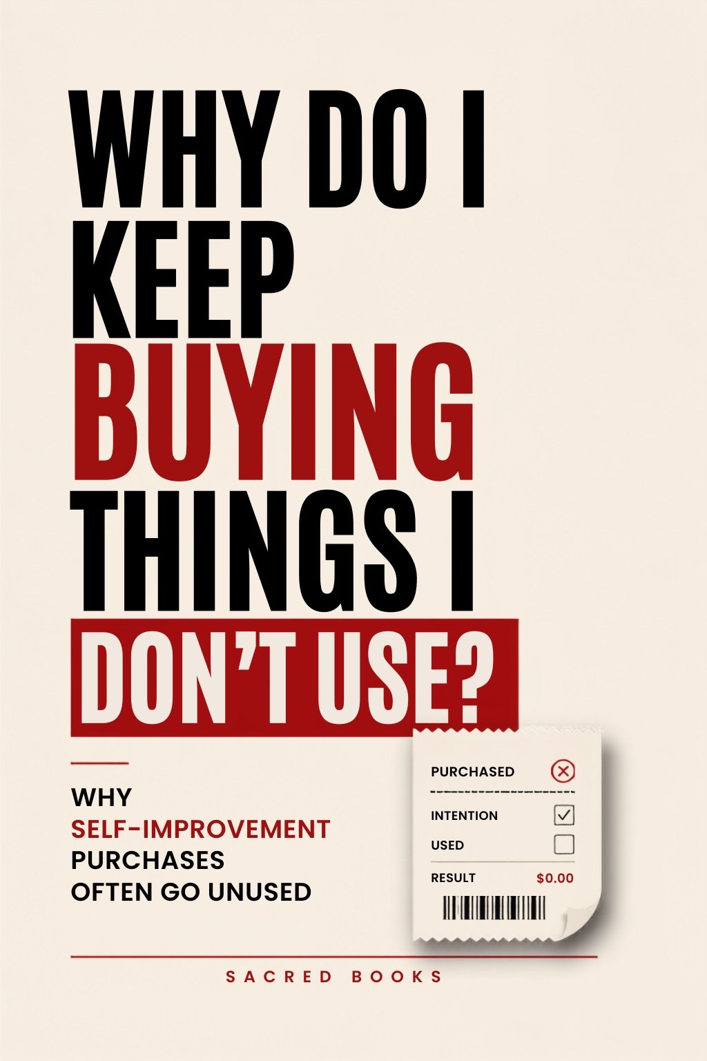 "Why Do I Keep Buying Things I Don't Use? — Sacred Books cover, bold red and black typography with a receipt showing an unused purchase"