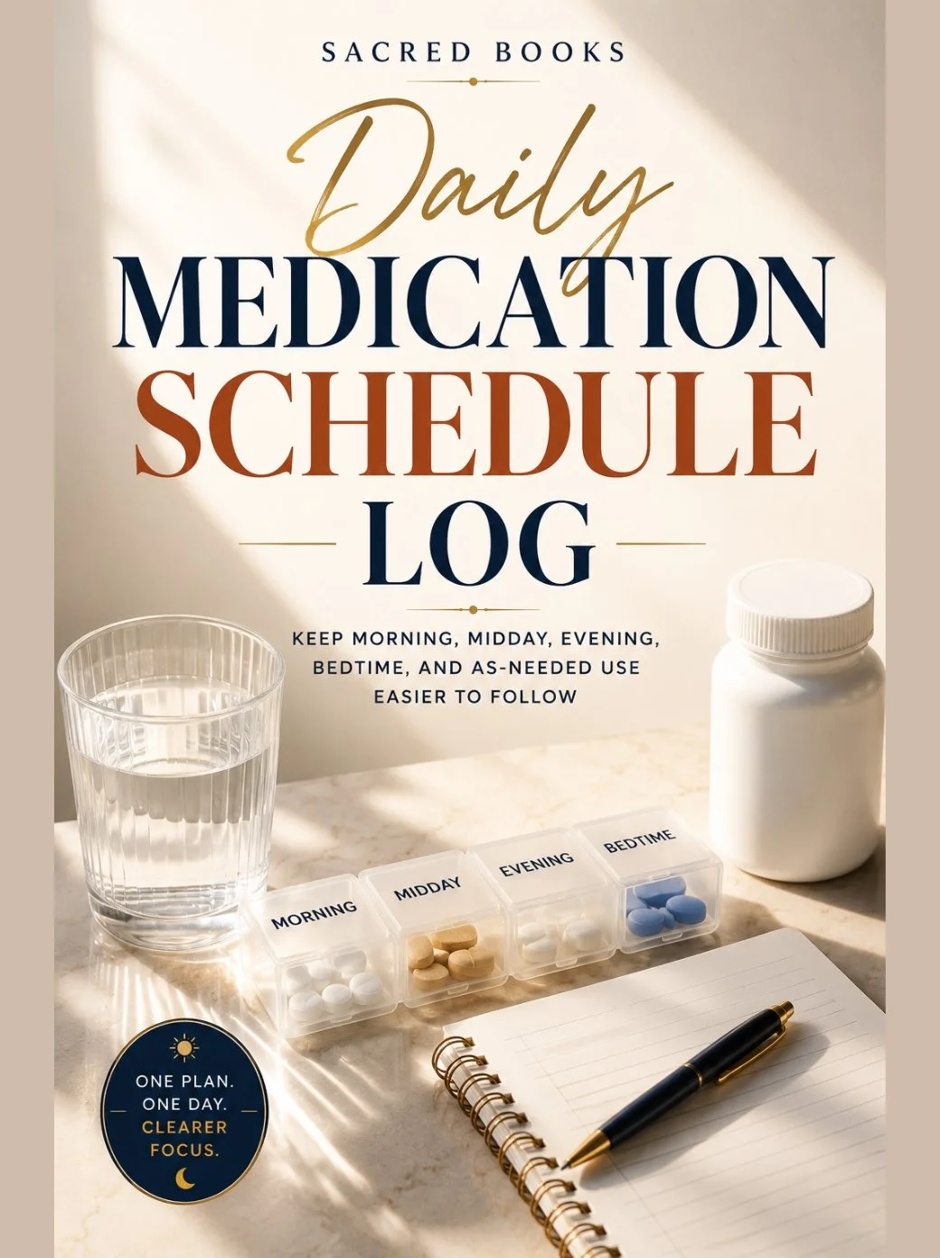 Daily Medication Schedule Log cover, a paperback for tracking which medicines are taken and when across the day — Sacred Books.