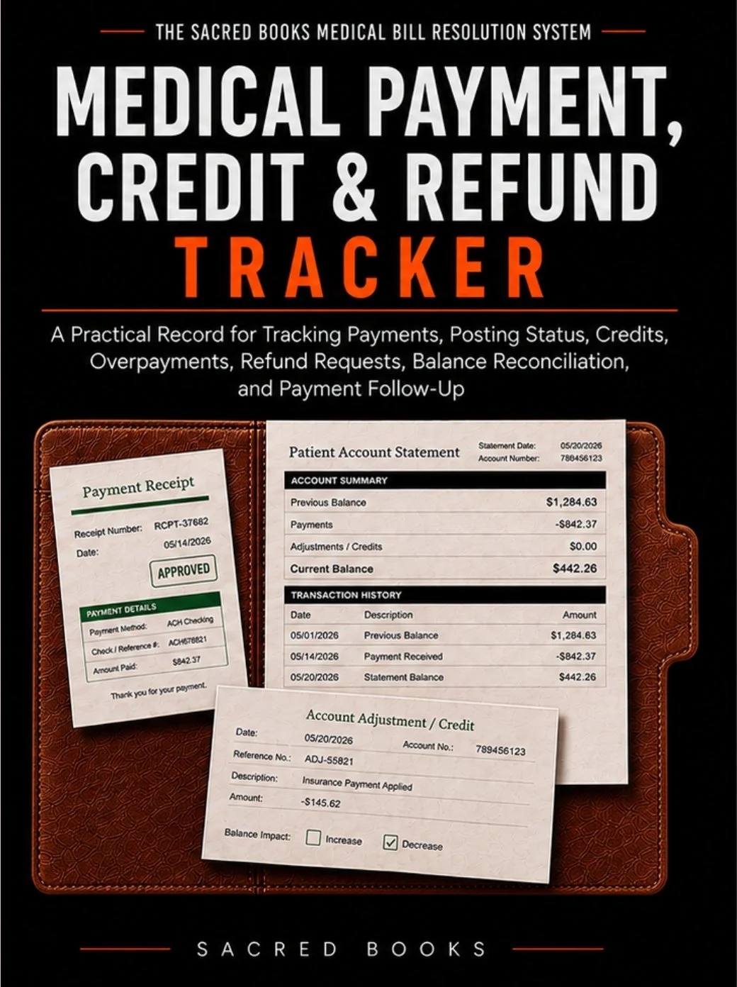 Medical Payment, Credit and Refund Tracker by Sacred Books for tracking medical payments, posting status, credits, overpayments, refunds, balances, and follow-up.