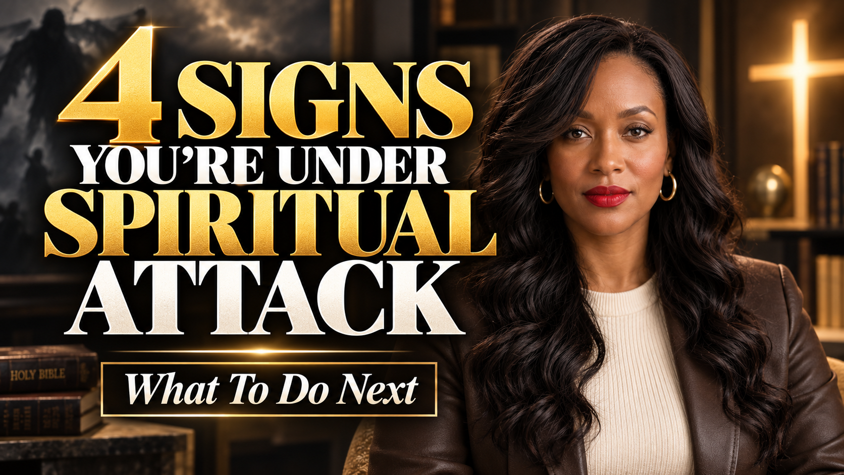 woman looking into the camera and a cross behind her resembling God is close