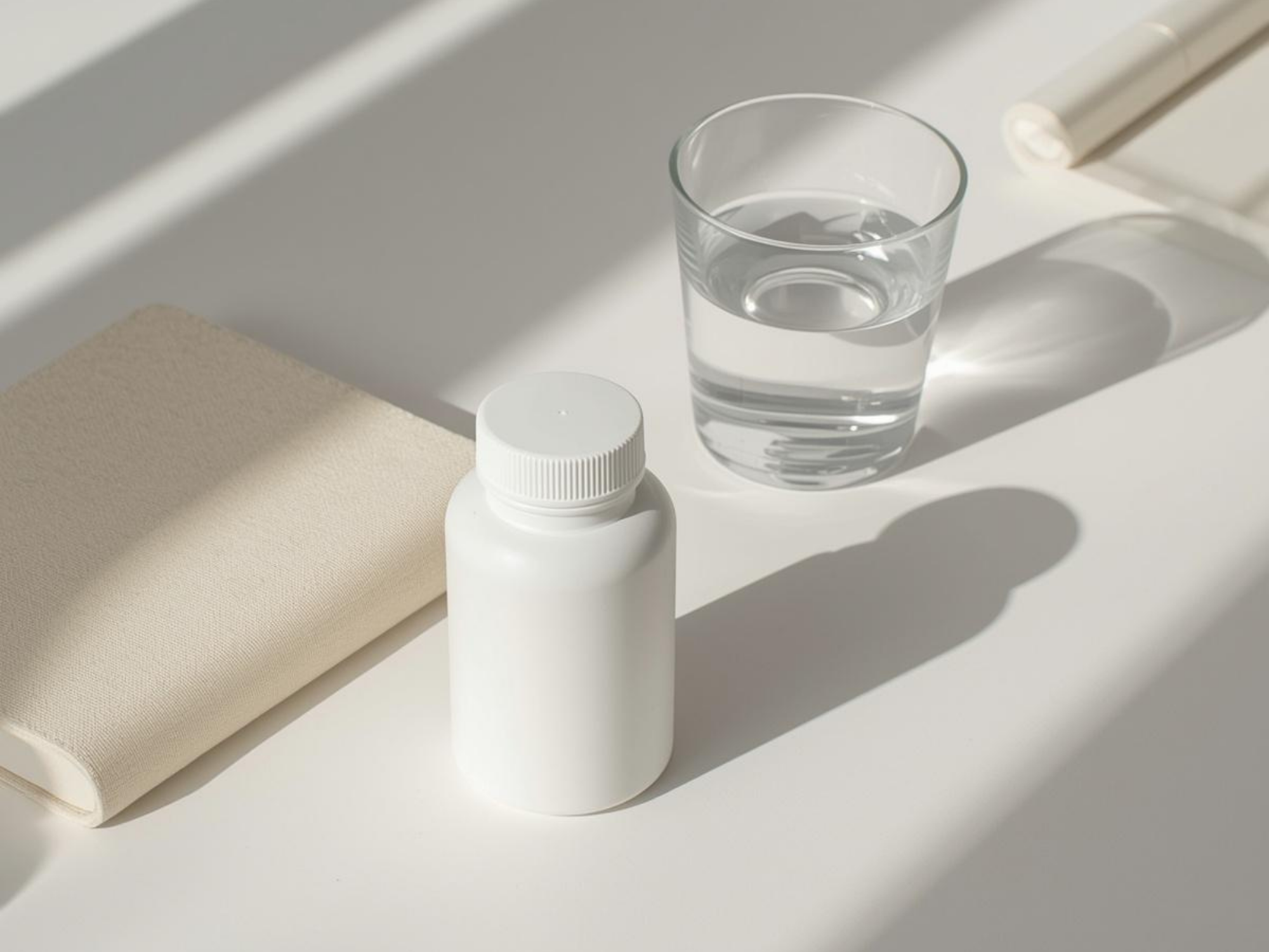Refined editorial still life with a white supplement bottle, a clear glass of water, and a cream notebook on a bright ivory surface with strong natural shadows.