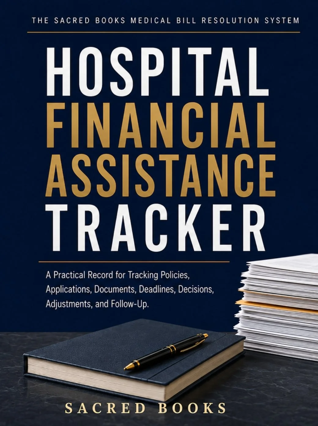 Hospital Financial Assistance Tracker by Sacred Books for tracking assistance applications, requested documents, deadlines, decisions, adjustments, and account changes.