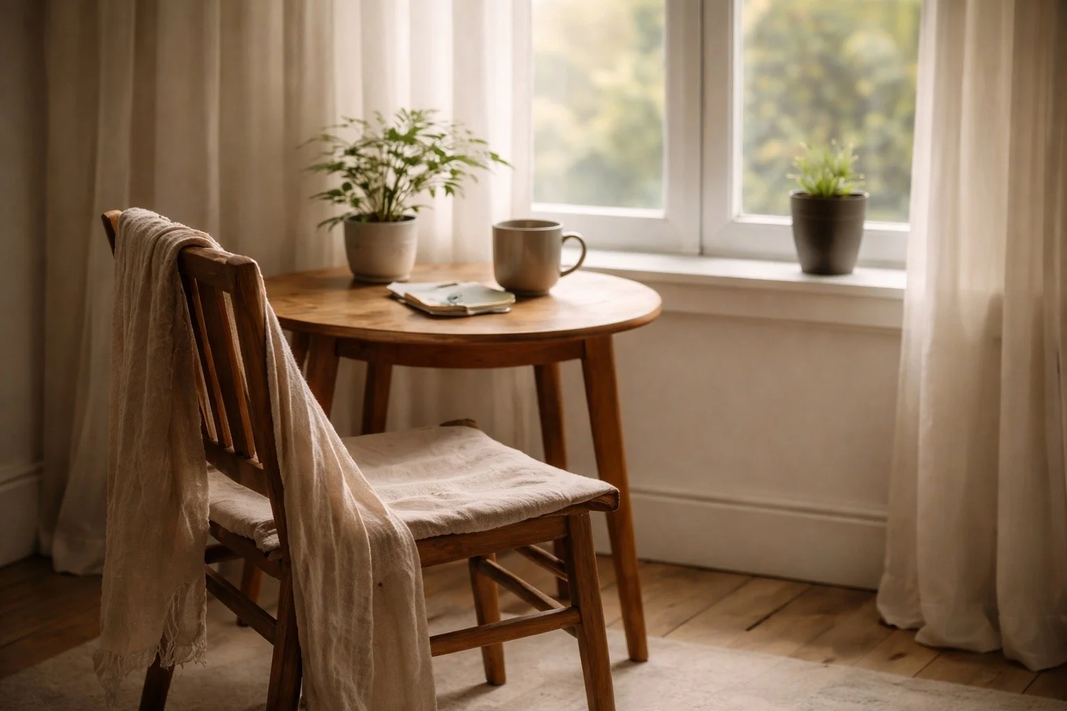 Quiet reading corner with candle and books by a window, representing reflection and contemplation.