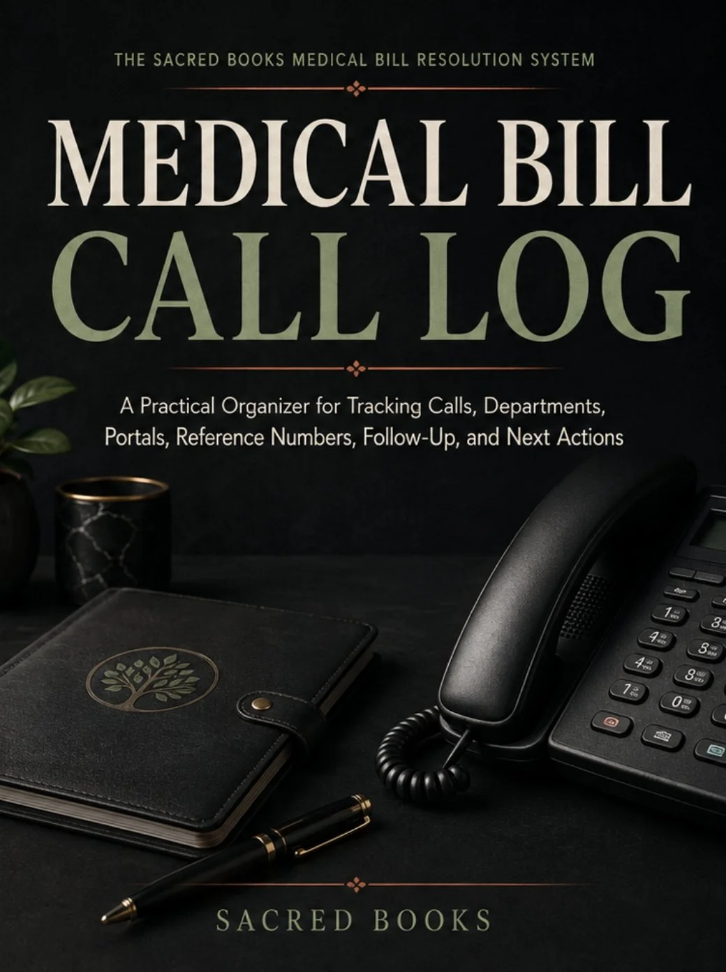 Medical Bill Call Log by Sacred Books for recording medical billing calls, departments, reference numbers, promised actions, deadlines, and follow-up.