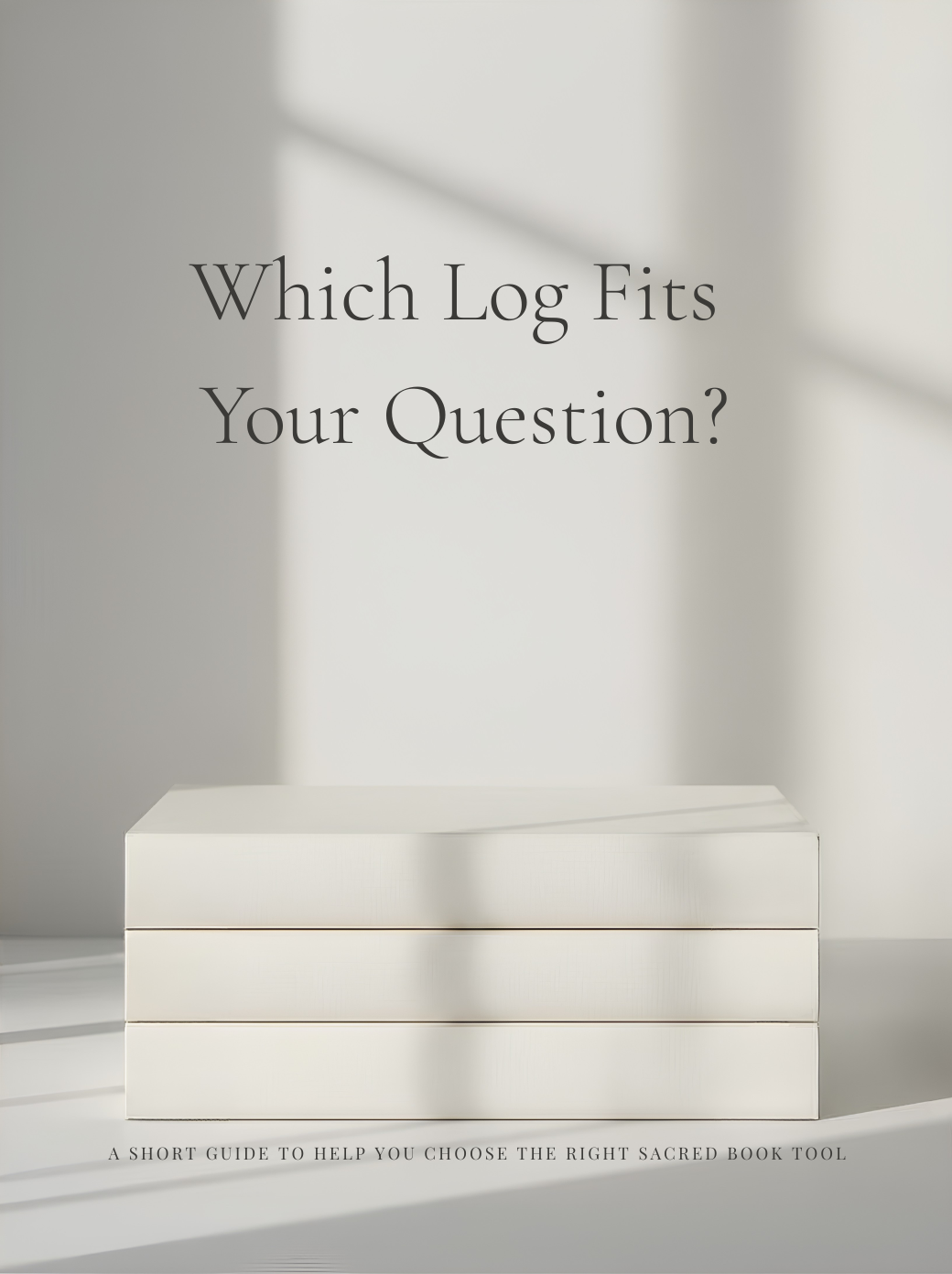 Clean stack of SACRED BOOKS journals arranged horizontally with soft natural light, showing spine branding and the text 'Which Log Fits Your Question?' in refined minimalist composition