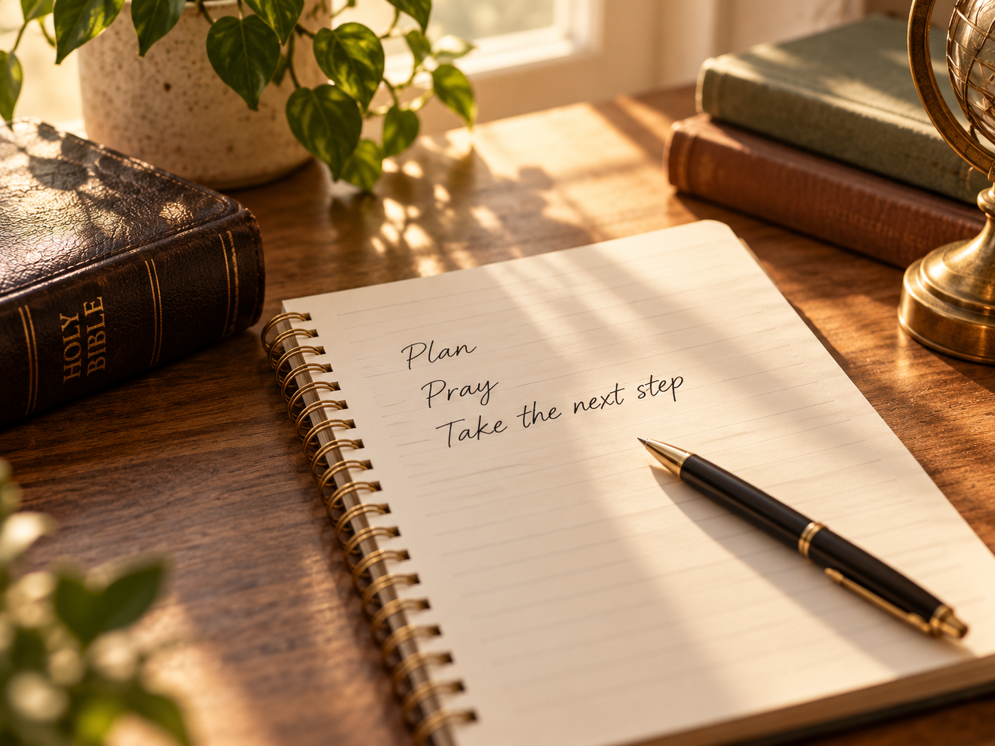 a notebook with plan, pray, and take the next step written on the paper
