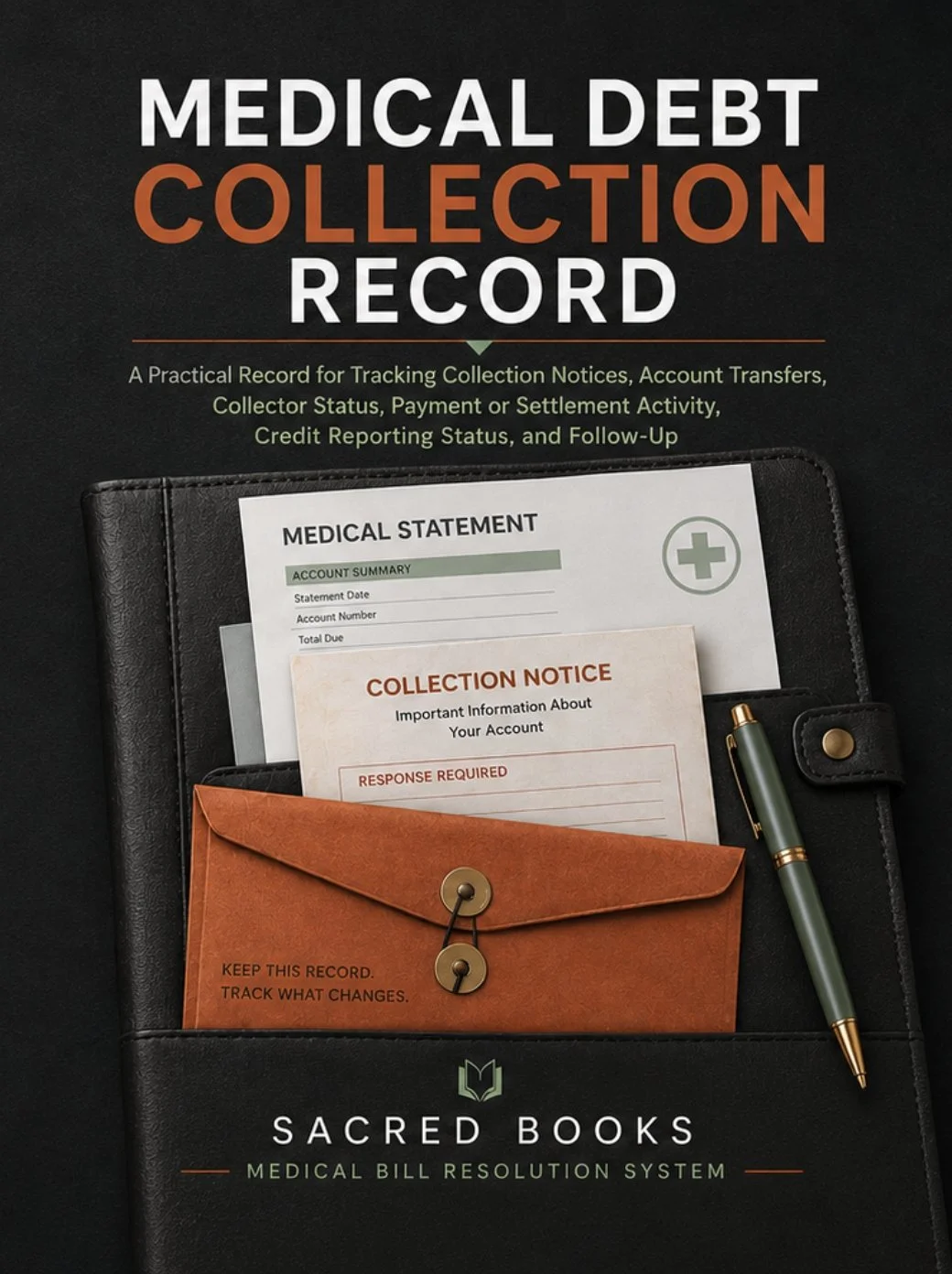 Medical Debt Collection Record by Sacred Books for tracking collection notices, account transfers, collector status, payment activity, balances, and follow-up.