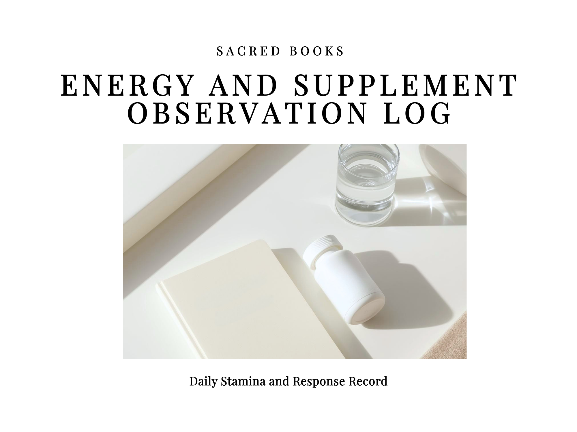 Energy and Supplement Observation Log book cover with glass of water and minimal wellness still life