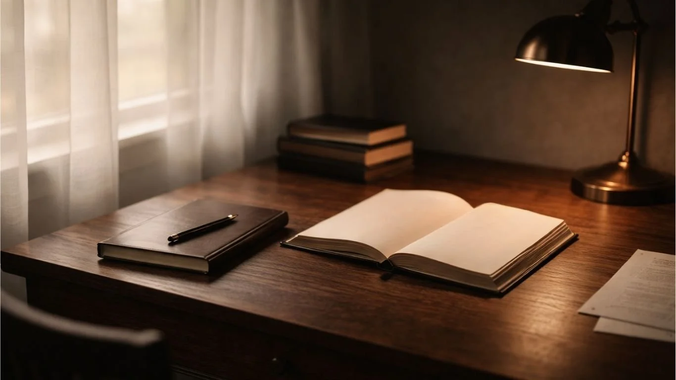 Dark academia writing desk with open journal, fountain pen, and warm morning light symbolizing prayerful reflection and structured living