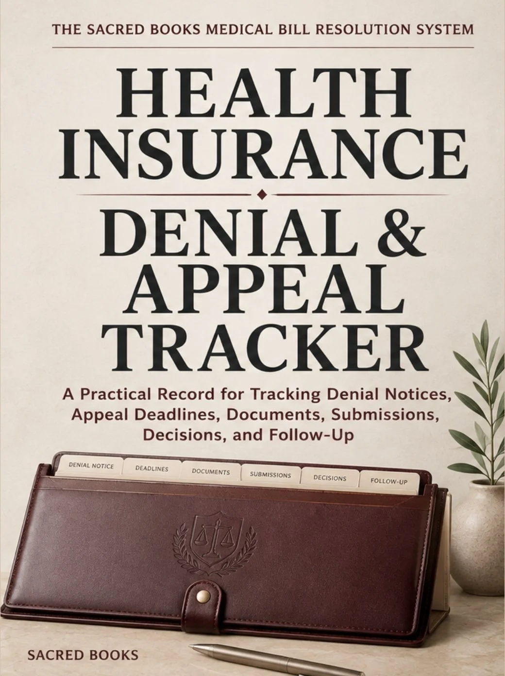 Health Insurance Denial and Appeal Tracker by Sacred Books for recording denial notices, appeal deadlines, documents, submissions, decisions, and follow-up.