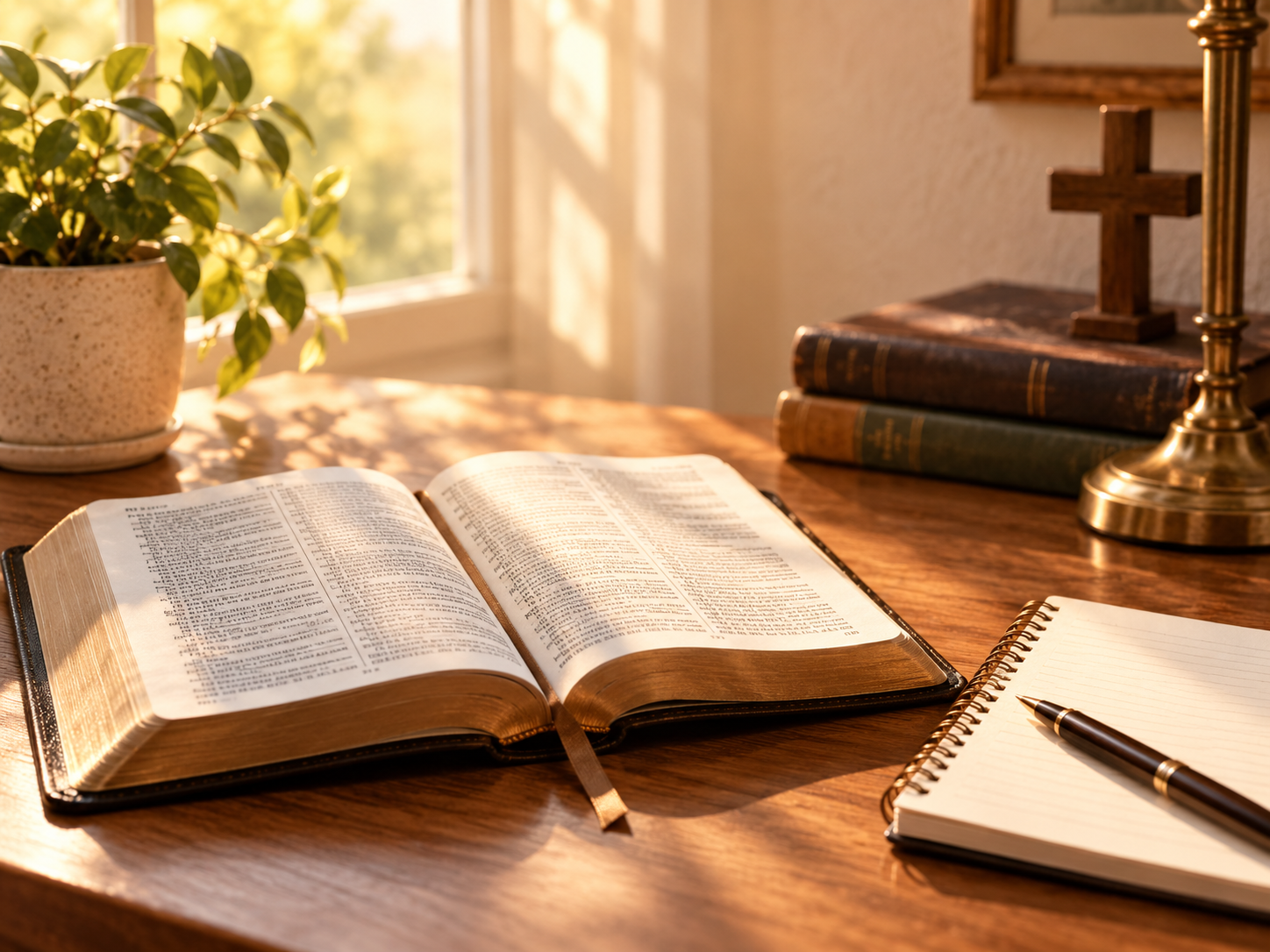 a holy bible on the table with a pen as a tool for good bible study based on the holy scriptures