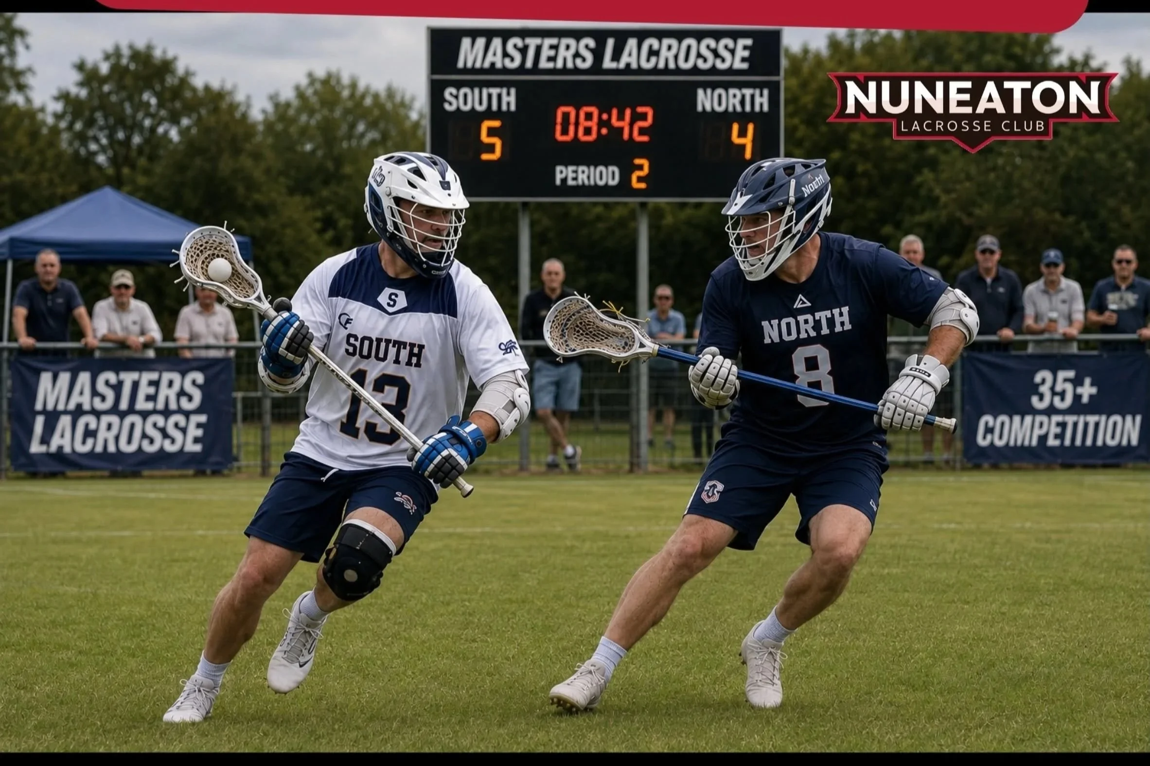 North player takes on South player on lacrosse field