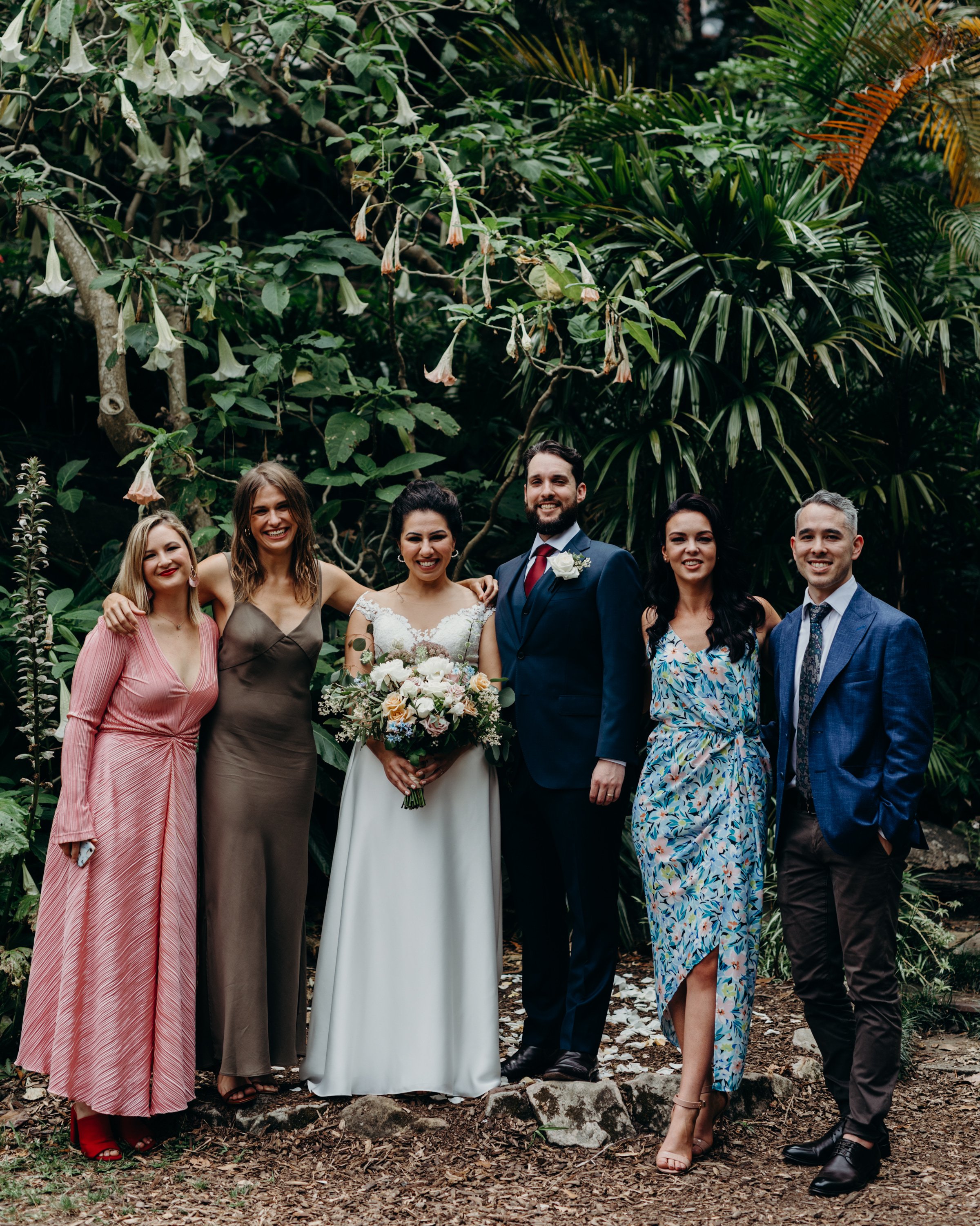 Celebrant, musician, bride, groom and two witnesses at Wendy's Secret Garden