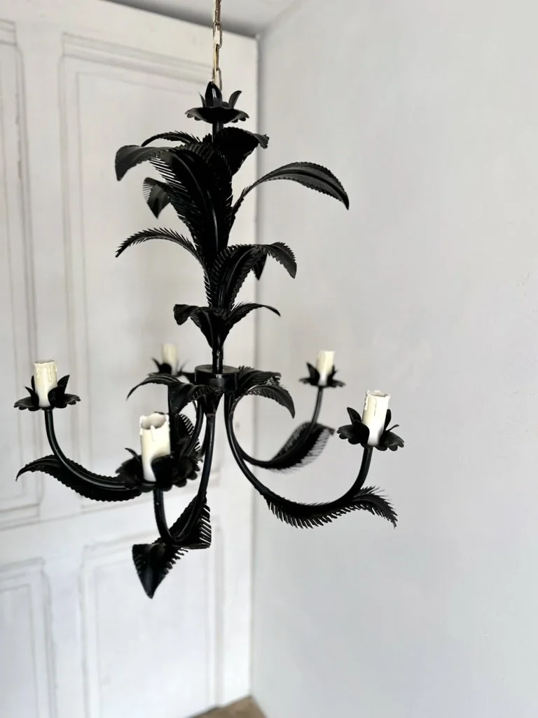 Black Tole Punch-Cut Palm Leaf Chandelier, 1950s