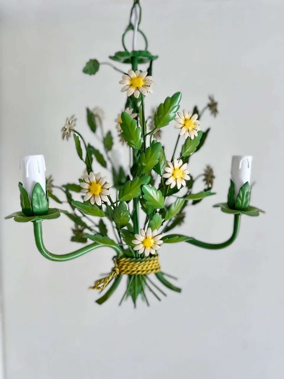 Front view of a 1970s Italian painted tole daisy chandelier attributed to Sergio Terzani, with three lights and green foliage. IMG_7530.jpeg