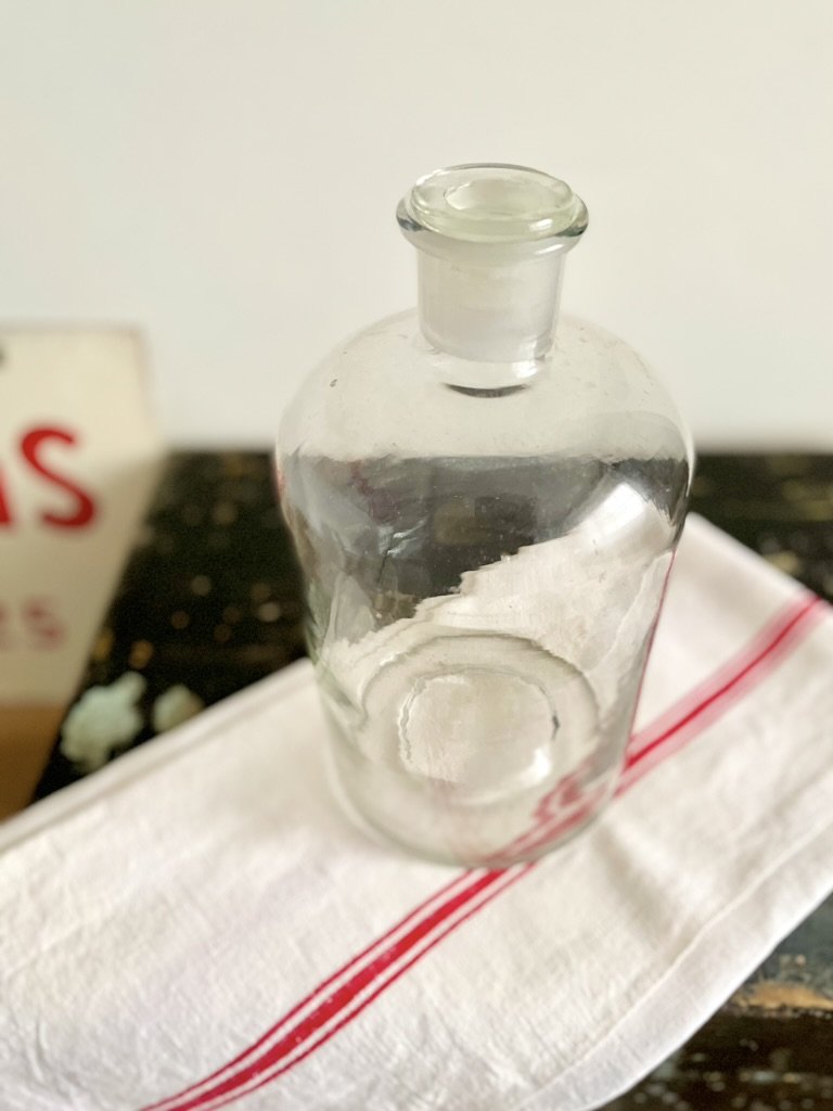 French Vintage Apothecary jar made before 1920. Vintage glass jar with stopper, Vintage decanter, Cottage core, Vintage farmhouse style