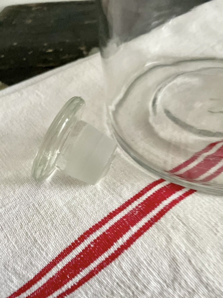 French Vintage Apothecary jar made before 1920. Vintage glass jar with stopper, Vintage decanter, Cottage core, Vintage farmhouse style