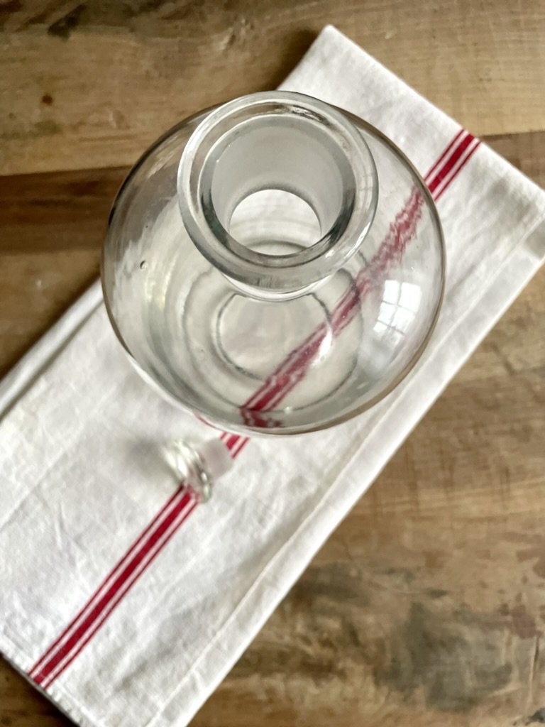 French Vintage Apothecary jar made before 1920. Vintage glass jar with stopper, Vintage decanter, Cottage core, Vintage farmhouse style