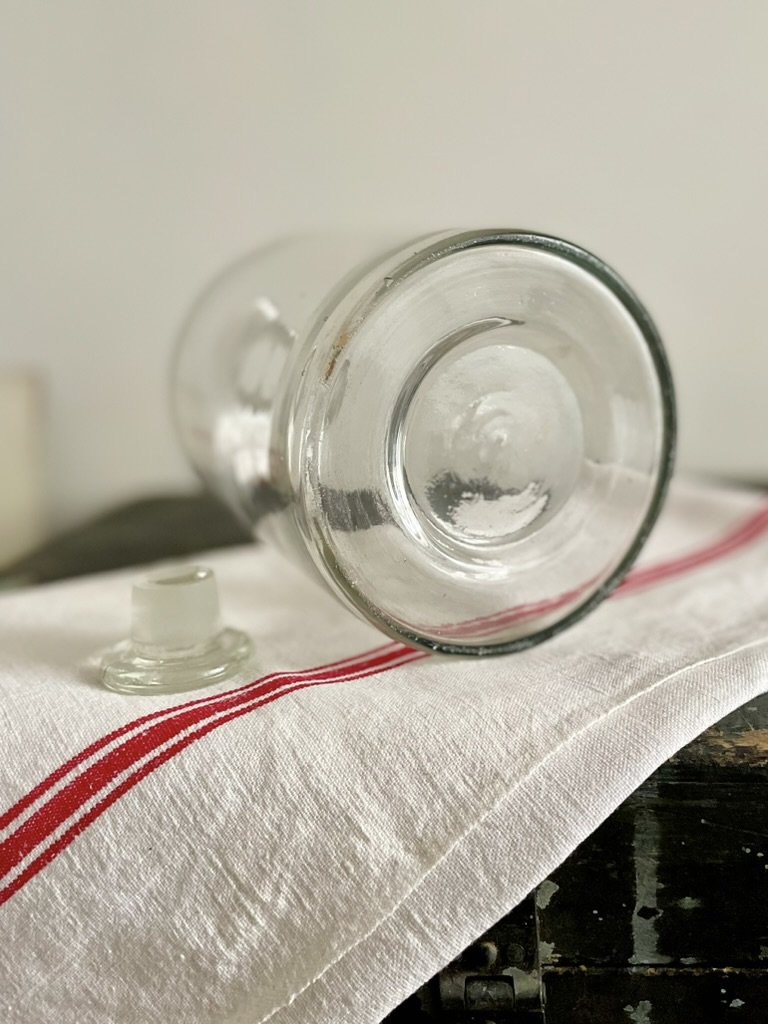 French Vintage Apothecary jar made before 1920. Vintage glass jar with stopper, Vintage decanter, Cottage core, Vintage farmhouse style