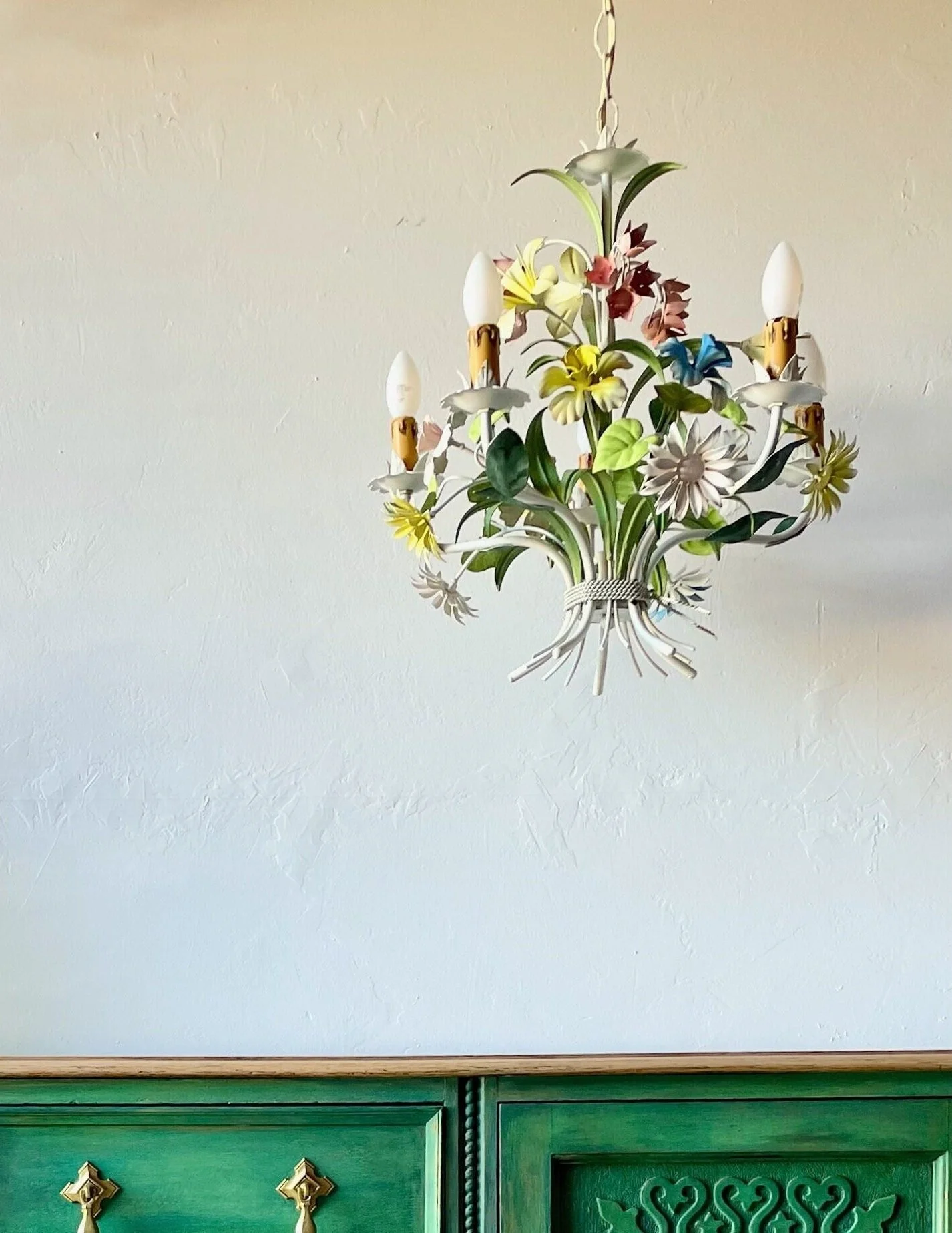 Florentine Toleware Floral Chandelier | Pendant Light | Mid-Century Lighting | Maison 108 Vintage |Floral lighting | Italian lights | Boho Vintage Farmhouse