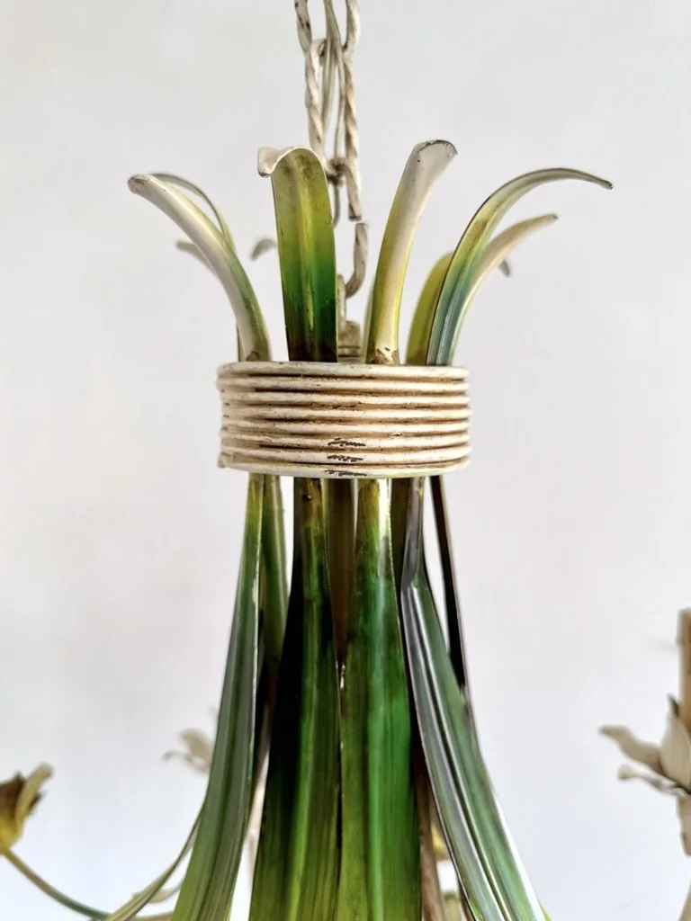 Original hand painted finish and patina on vintage French tole lighting, bouquet wrapped with cord