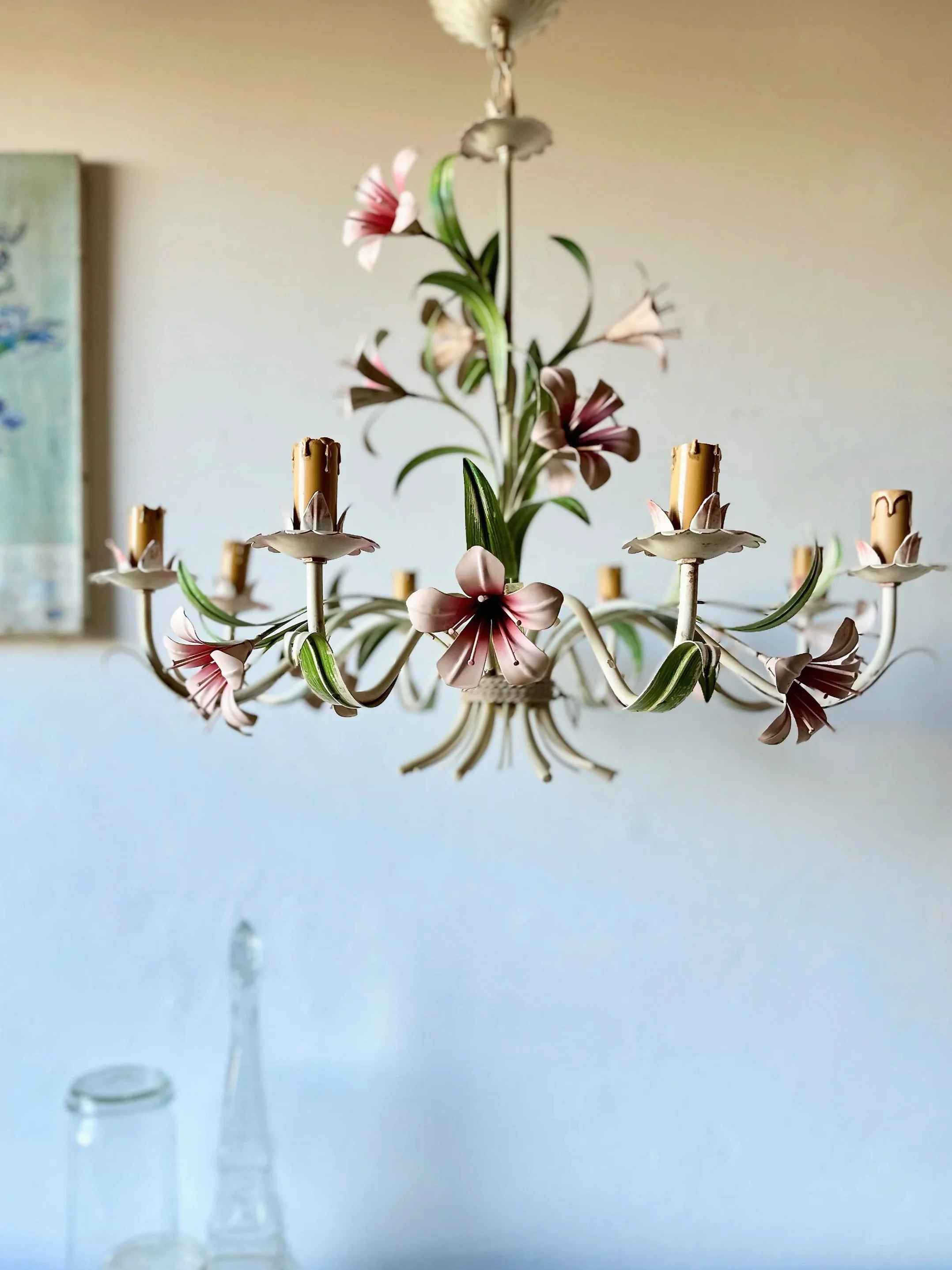 French vintage light fixtures, vintage chandeliers, toleware lighting, pendant lights, gilt florentine chandelier and light fixtures, European lighting