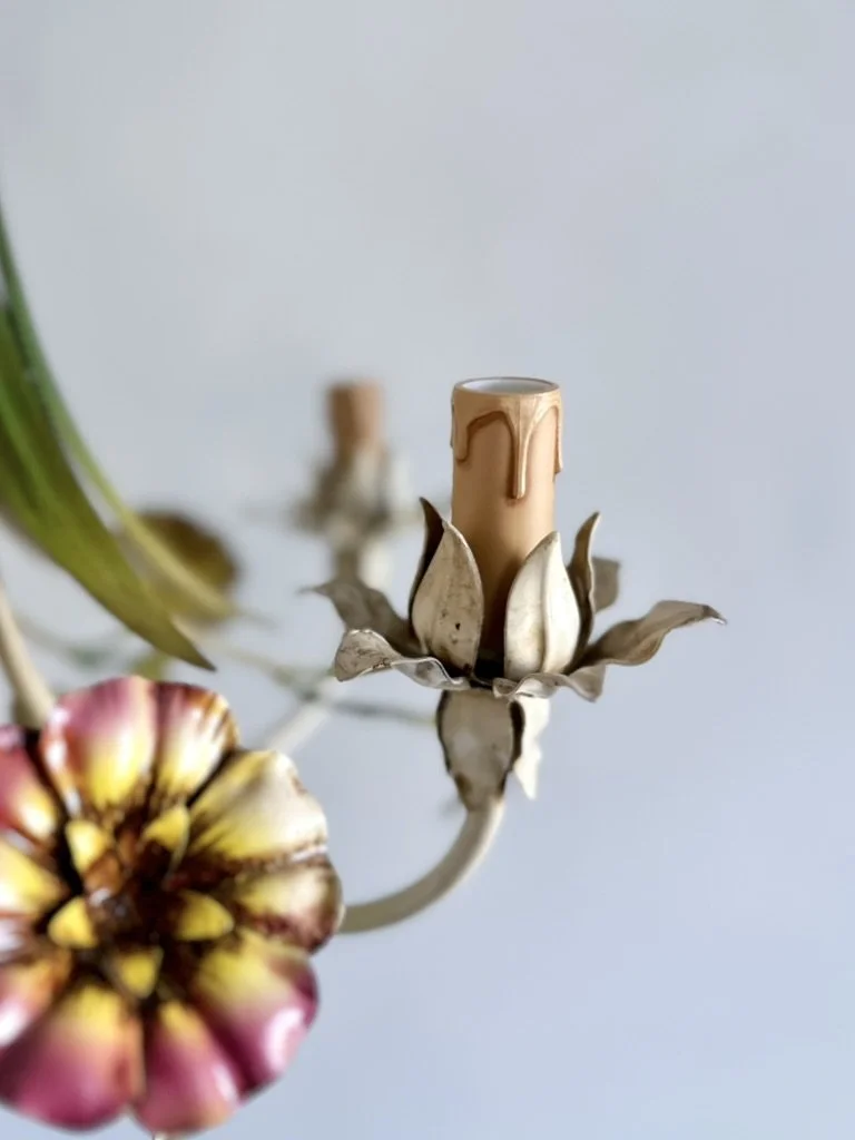 Inverted bouquet detail on vintage French hand painted tole chandelier