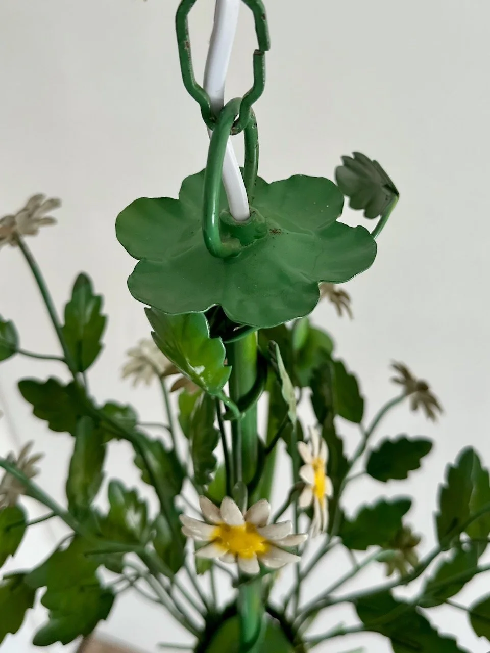 Top view of the Sergio Terzani-attributed chandelier showing three flower-shaped bobeches, leaves and daisy stems. IMG_7557.jpeg