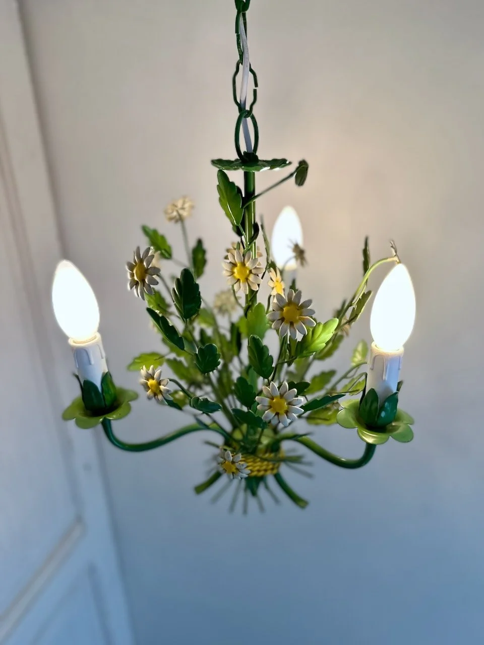 IIlluminated 1970s Italian tole daisy chandelier with three candle-style lights and professionally installed E14 sockets. MG_7560.jpeg