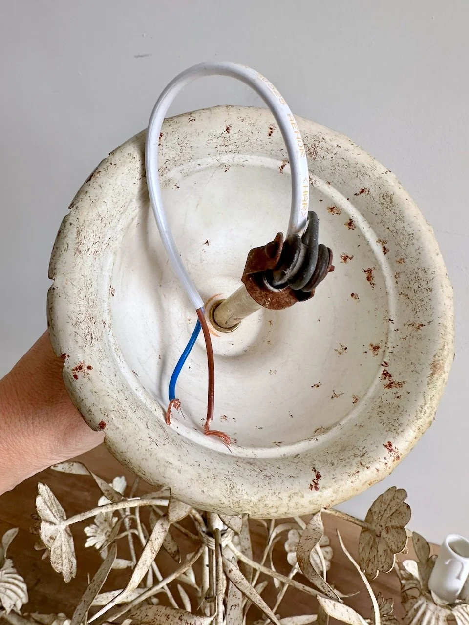 Underside of vintage Italian floral tole chandelier canopy showing new electrical wiring, cream painted metal and authentic aged patina.jpeg