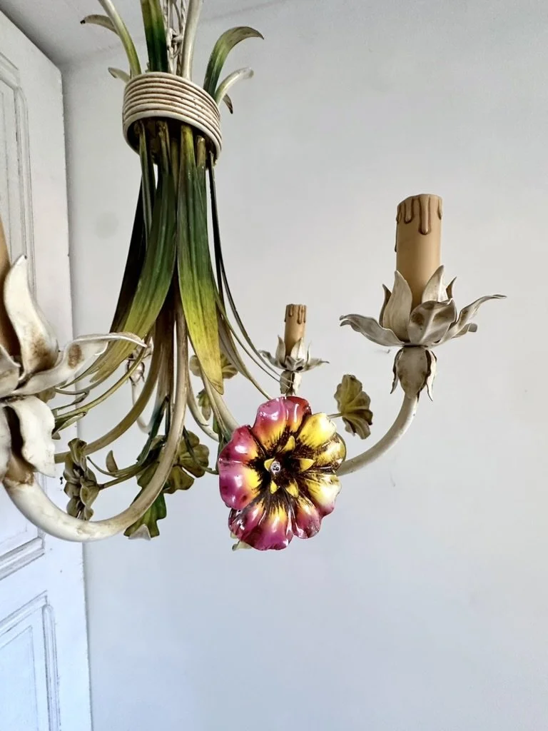 Side view of vintage French five light tole flower chandelier