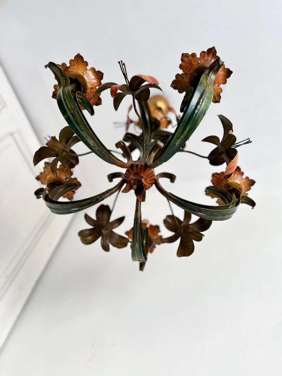 Original aged polychrome paint and patina on vintage 1950s Italian Florentine floral chandelierIMG_6563.jpeg