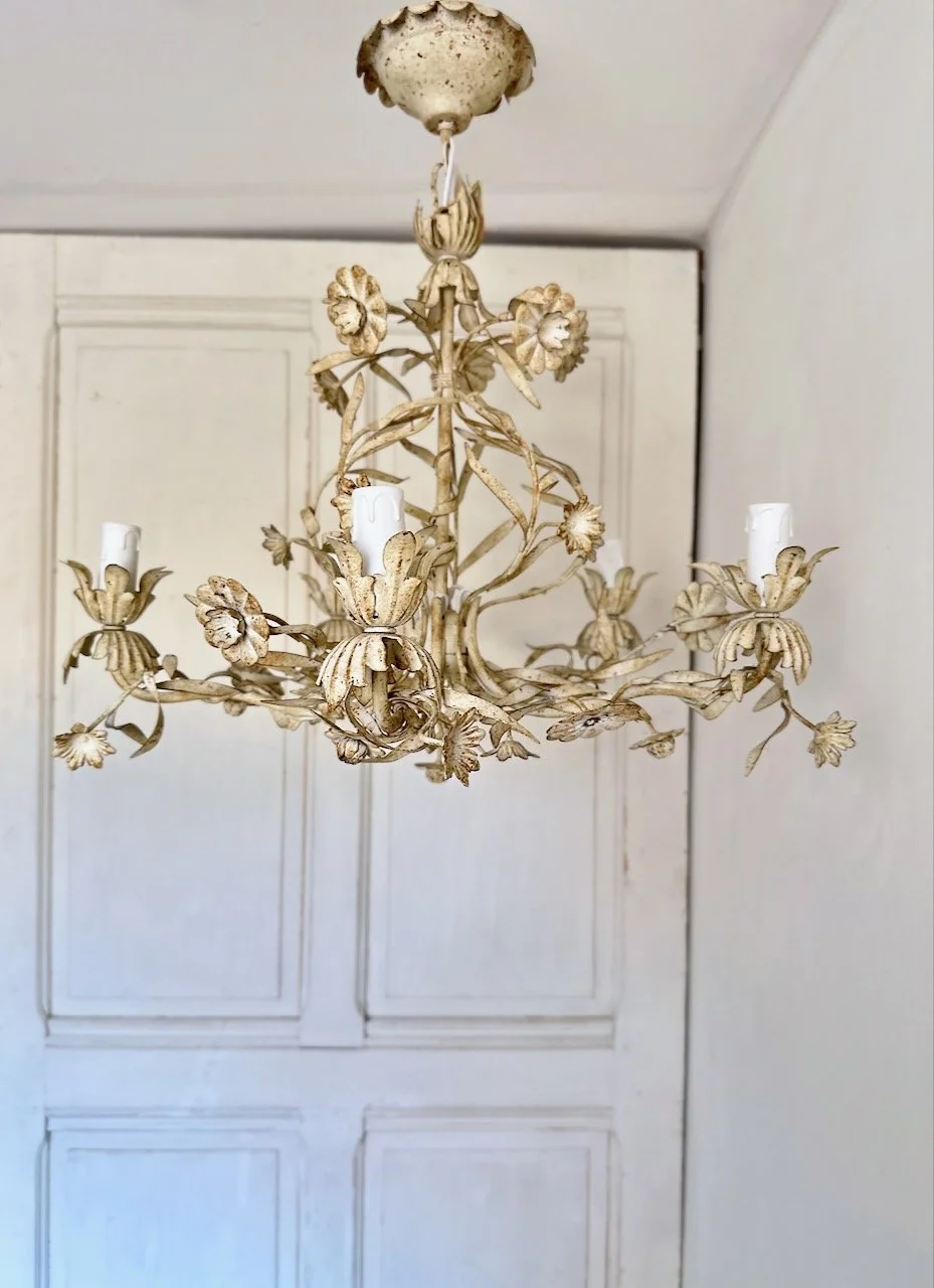 Italian  botanical tole white chandelier with flowers and leaves.jpeg