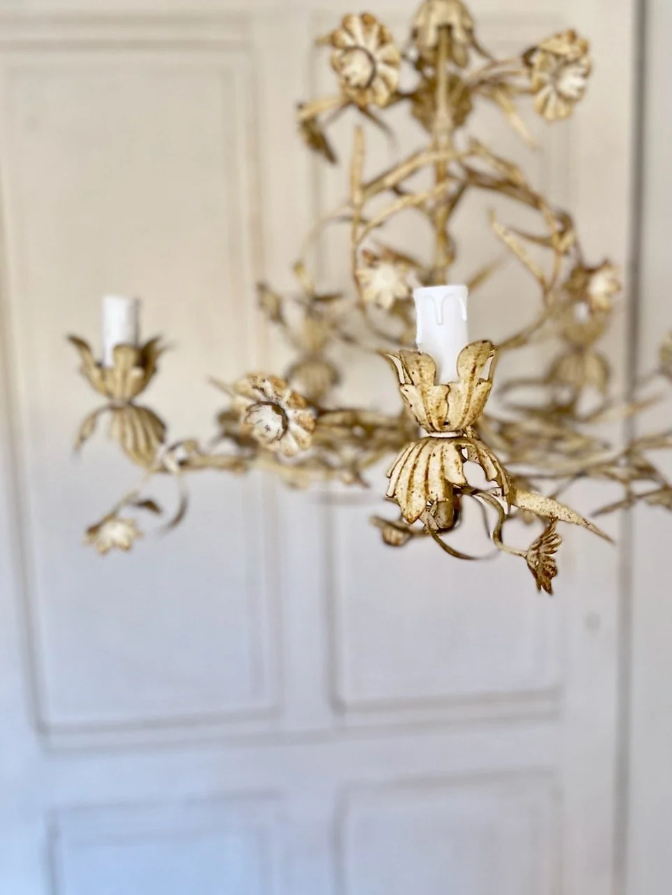 Flower-form candle cup and E14 socket on a vintage Italian painted metal chandelier with botanical tole decoration..jpeg