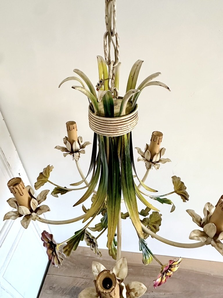 Five light French tole chandelier with floral candle cups and ivory arms