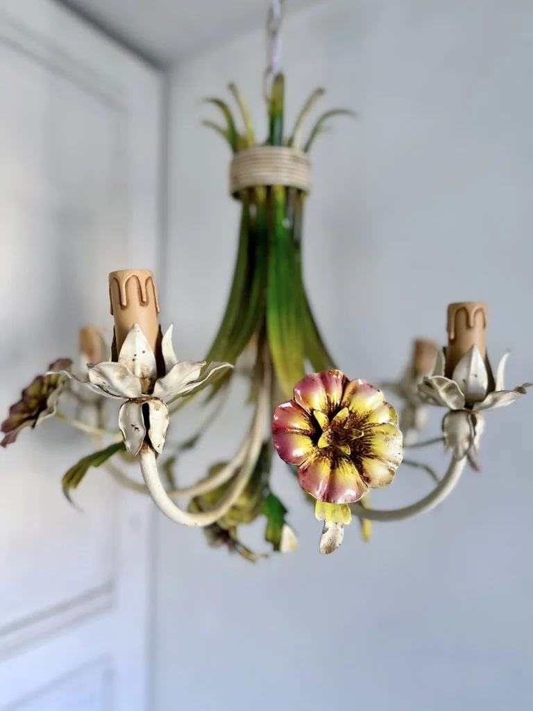 Hand painted pink and yellow flowers on vintage French tole chandelier