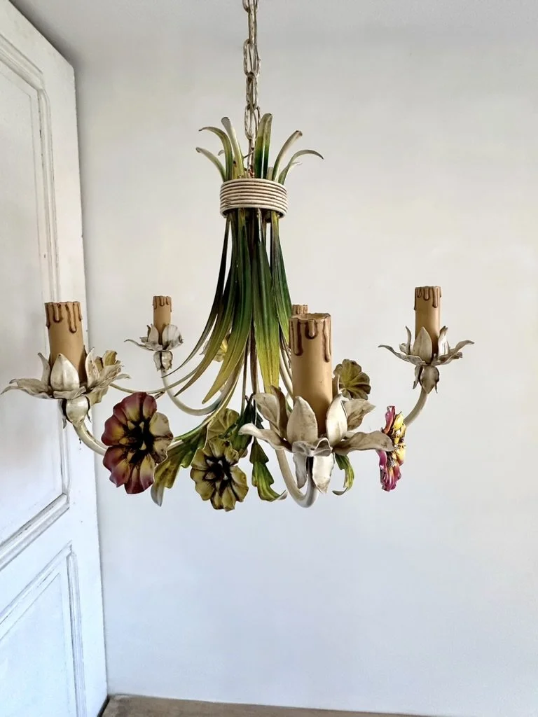 Vintage French tole floral chandelier with inverted bouquet and five lights