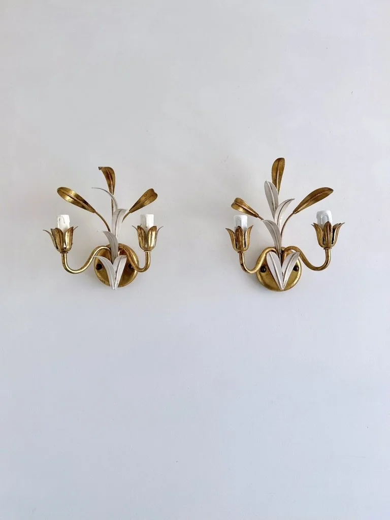 Pair of Italian Gilt & Tole Leaf wall sconces by Masca, c.1970