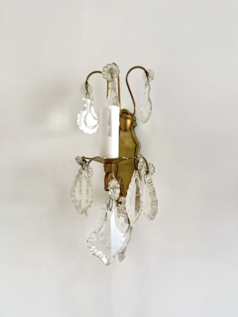 Pair of French Bronze and Crystal Wall Sconces, 1940’s