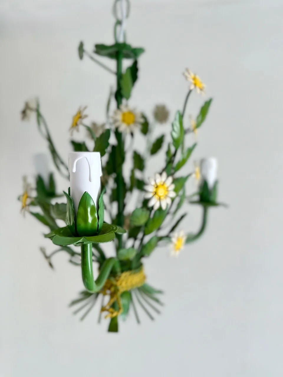 Three-light Italian tole chandelier designed as a tied bouquet of white daisies and green foliageIMG_7528.jpeg