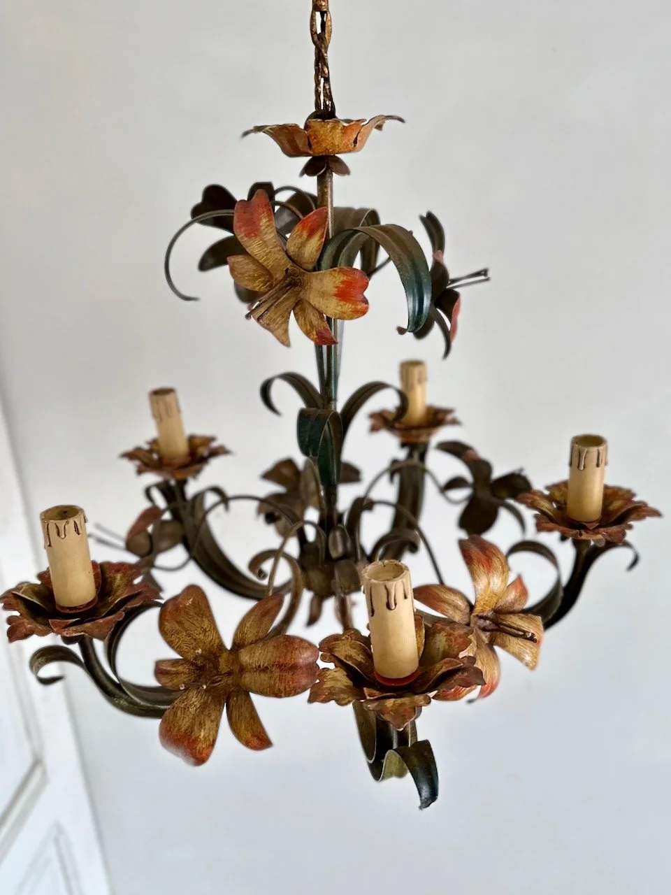 Vintage Italian Florentine flower chandelier in hand-painted green yellow and orange tole iron, circa 1950sIMG_6578.jpeg