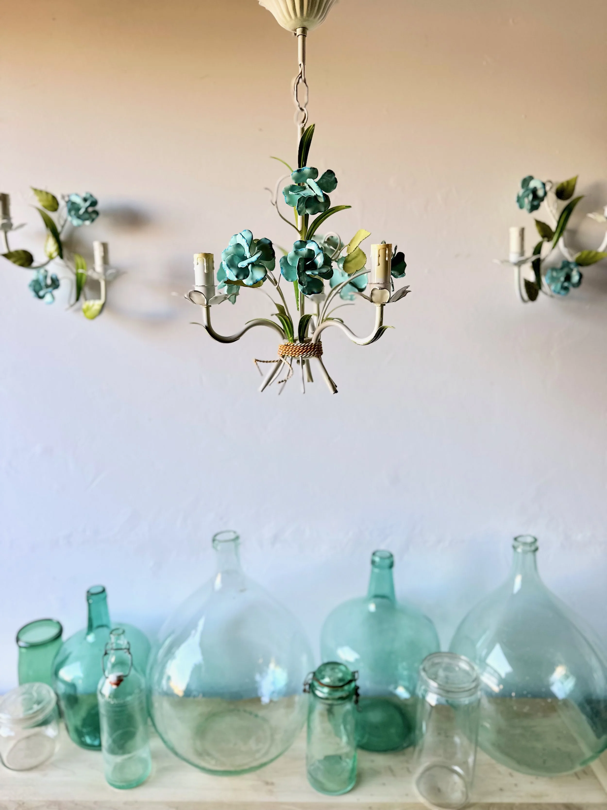 Vintage Blue Floral Toleware Chandelier with Matching Wall Sconces