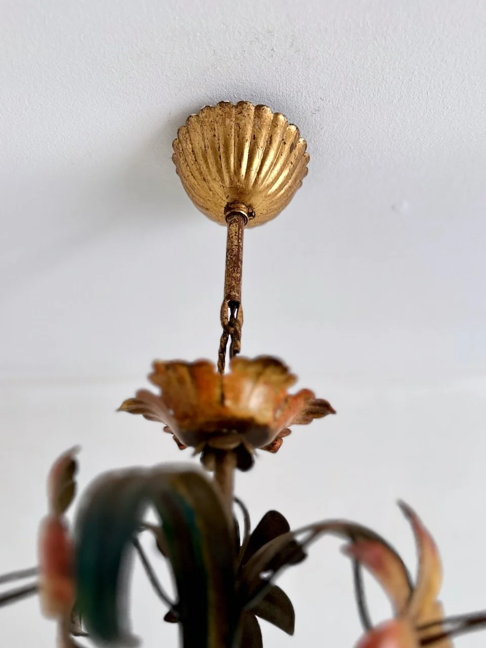 Vintage Italian tole chandelier with gilt metal ceiling canopy, chain and hand-painted botanical decoration IMG_6557.jpeg